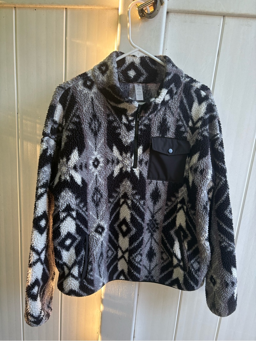Marika Black & White Sherpa Pullover with Aztec Trim